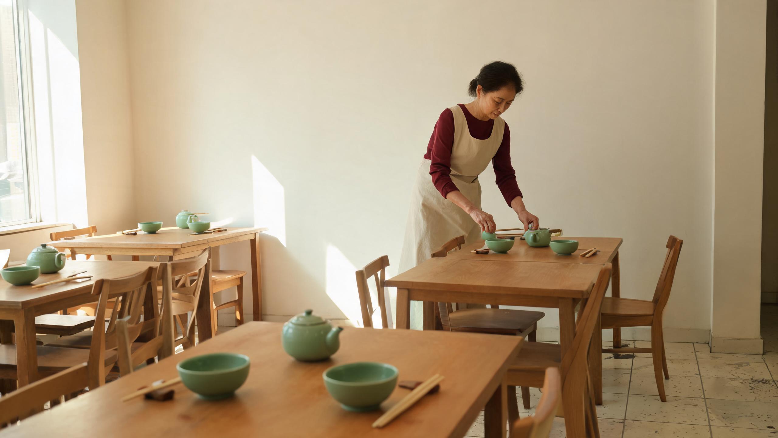 A quiet neighbourhood restaurant interior in Shanghai with wooden tables set for lunch