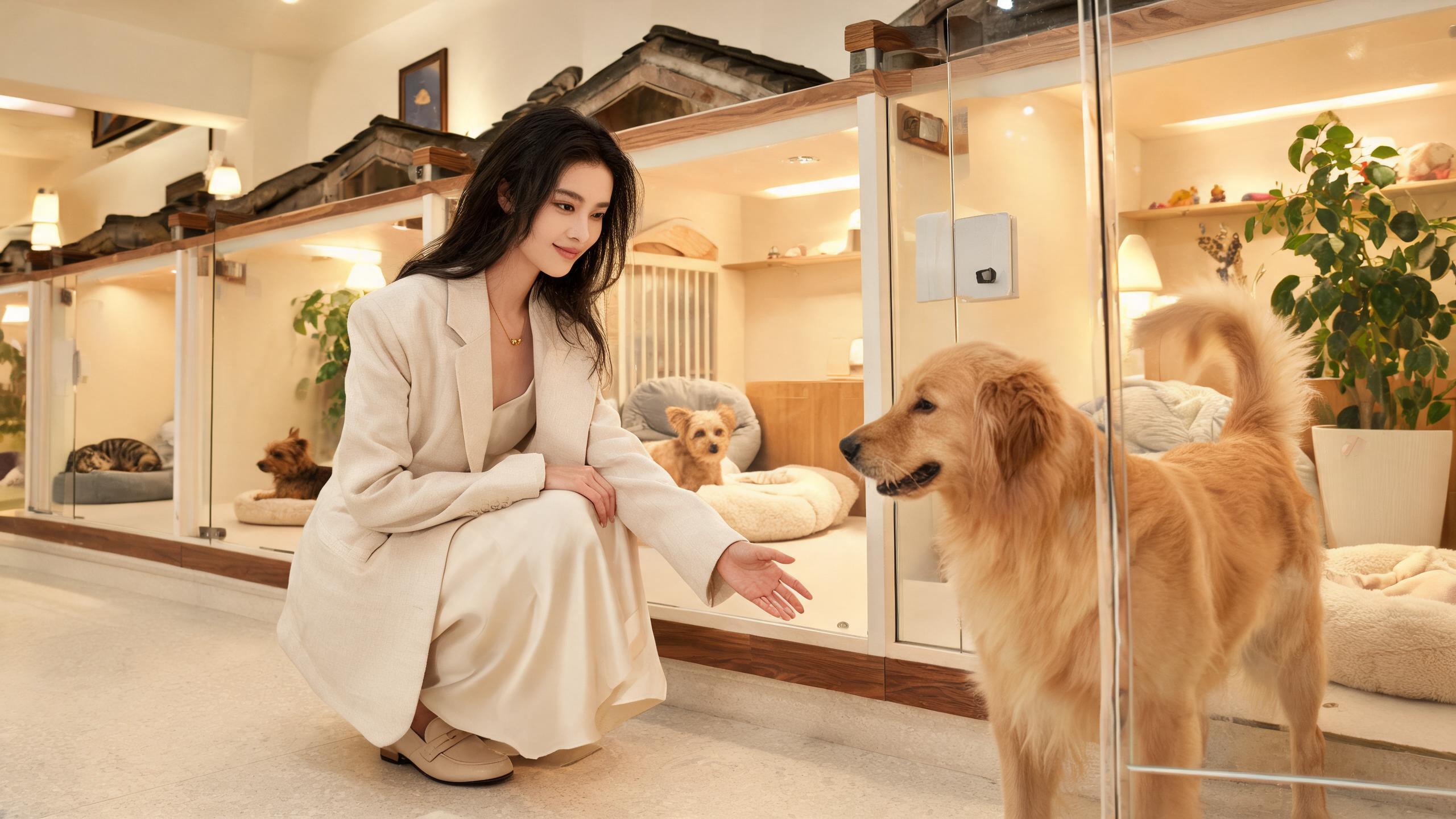 A woman greeting a golden retriever at a cozy Shanghai pet boarding hotel with glass suites