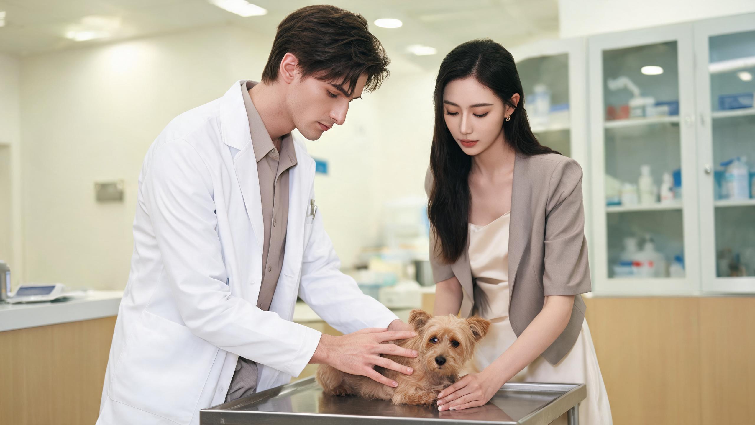 A vet examining a small dog on a steel table while the owner steadies it at a Shanghai clinic