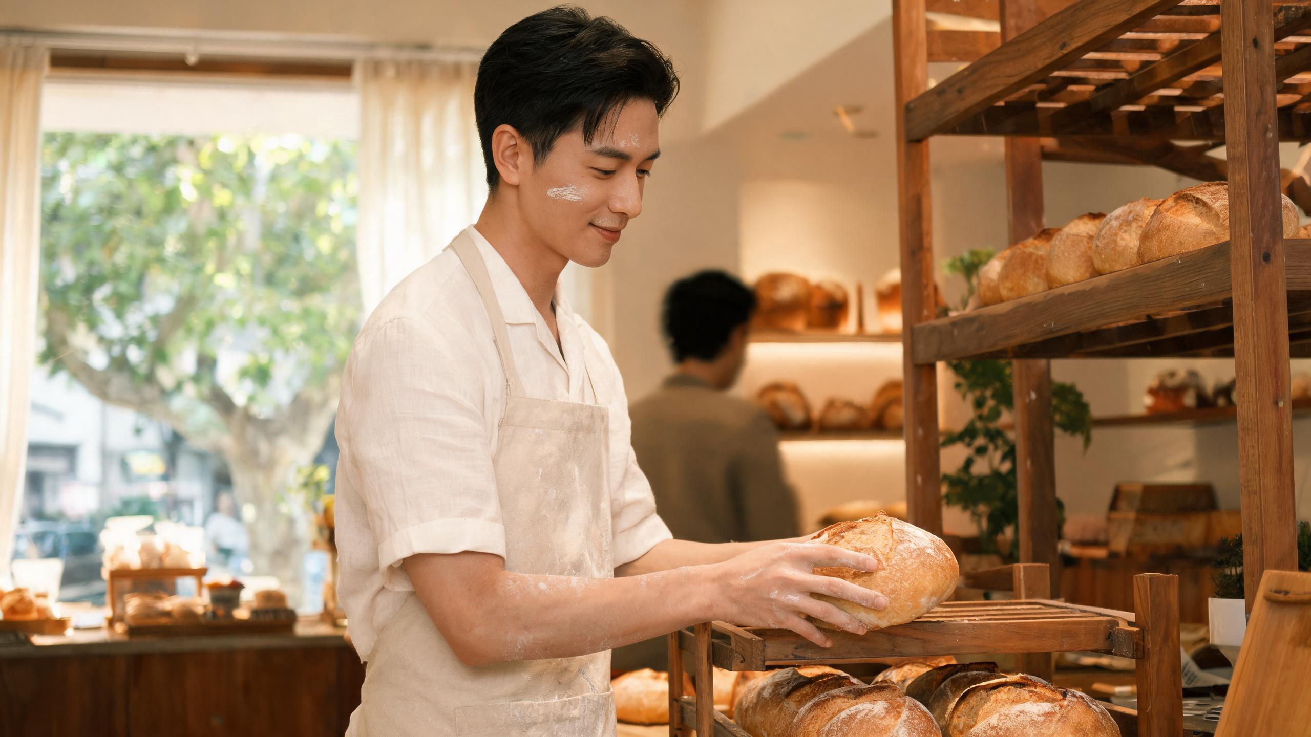 A baker arranging freshly baked sourdough loaves on a wooden rack in a warm Shanghai bakery