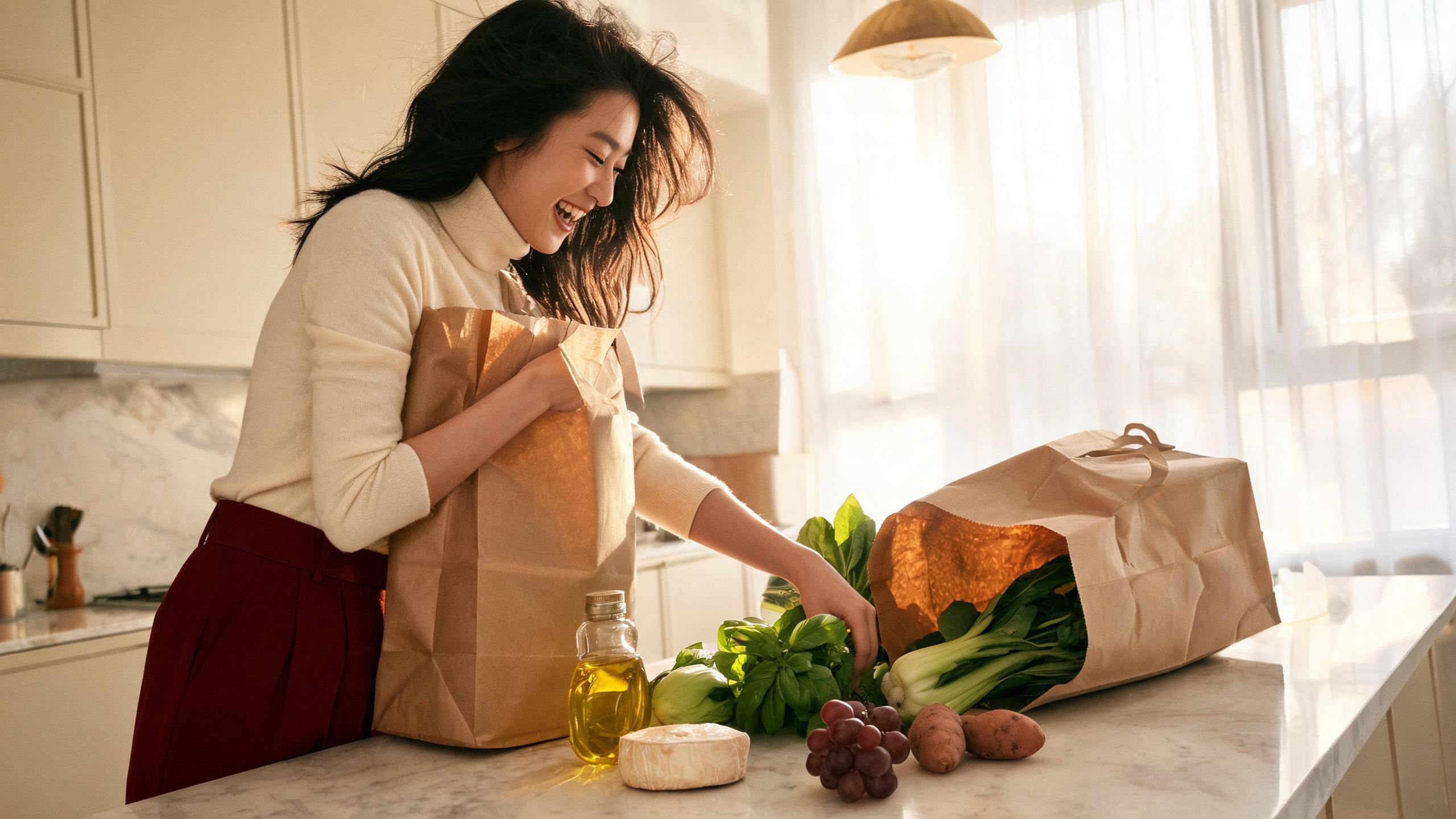 Unpacking a fresh grocery delivery on a Shanghai apartment kitchen counter