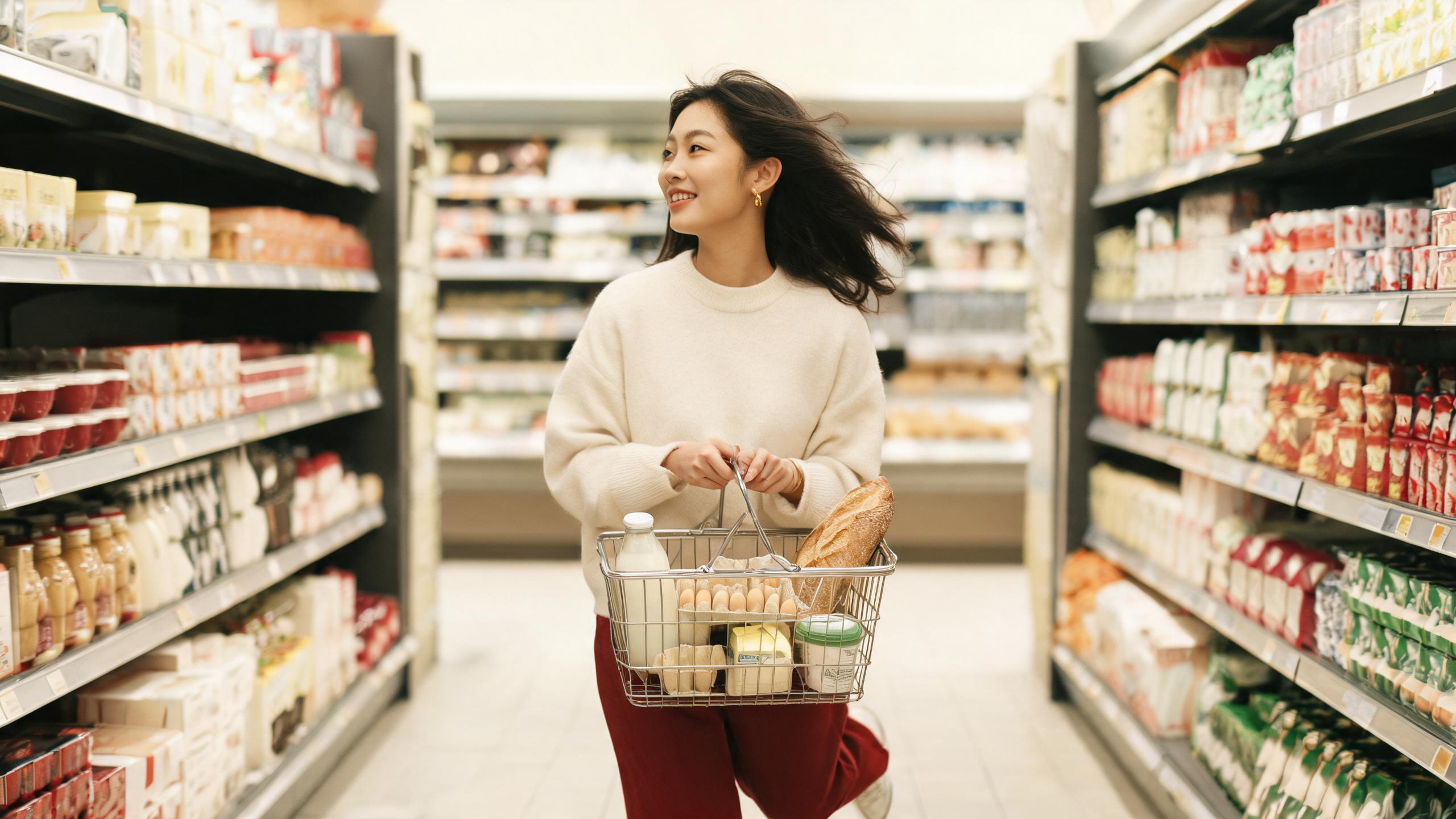 Shopper with a basket of milk eggs and bread at a budget supermarket in Shanghai
